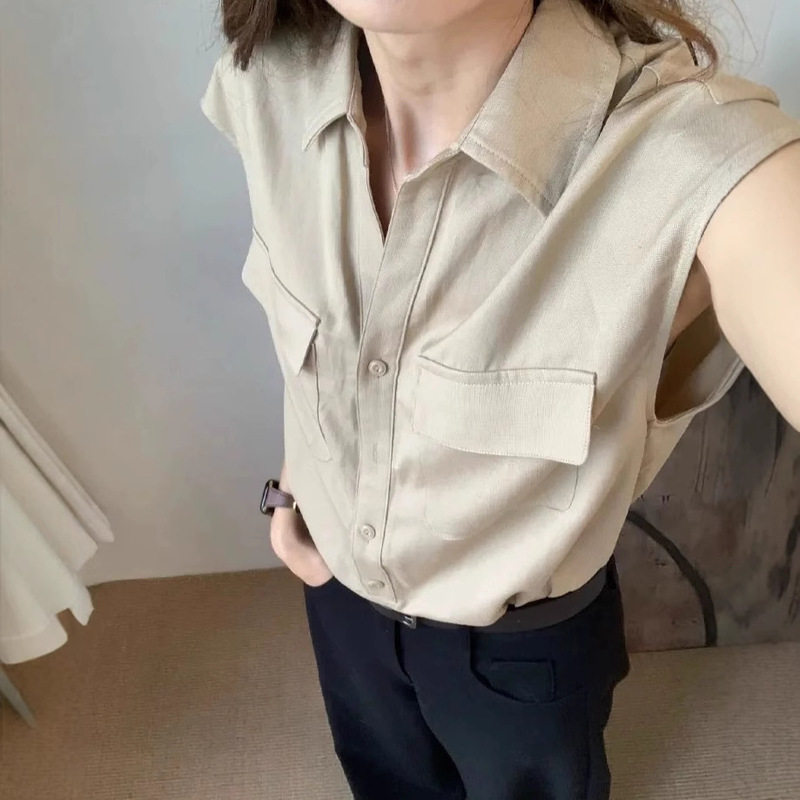 Old Money Style Khaki Linen Polo Collar Sleeveless Shirt for Women in Summer, Loose, Slim and Chic Waistcoat Shirt