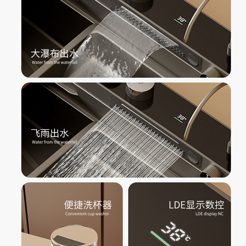 Fregadero de cocina de acero inoxidable 304 de 5 mm de grosor con desagüe lateral tipo panal, pantalla digital de funciones completas y un solo tanque grande.