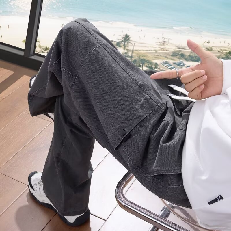 美式纯色工装裤男士春秋款黑色宽松直筒休闲阔腿裤子轻熟休闲|undefined