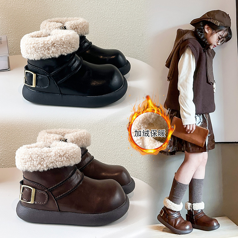 Flanged Fur Kidsren's Small Leather Boots 2025 Winter Popular Fleece-Lined Warm Baby Girl Leather Boots Fashionable Boys' Boots