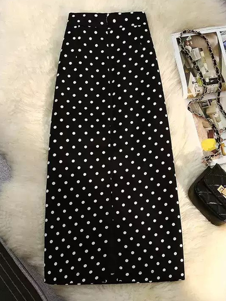 ハイウエスト水玉柄スカート レディース Aライン スリット入りミディ丈 2026夏新作 水玉柄ヒップスカートA 在庫あり