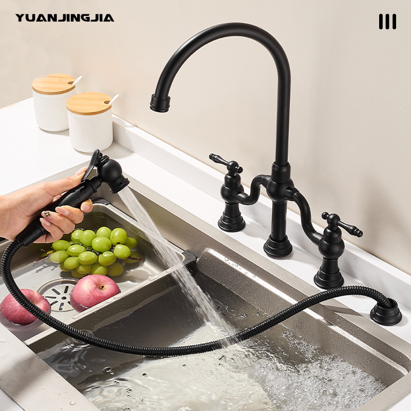 法式复古铜厨房冷热水龙头可旋转洗菜盆双把手水槽龙头带增压喷枪|undefined