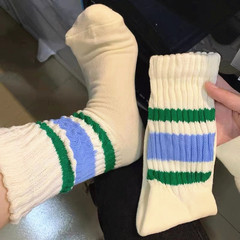 Vintage City Boy Japanese Thick Line Pattern Crew Socks with Towel Sole for Women and Men, Inspired by Instagram