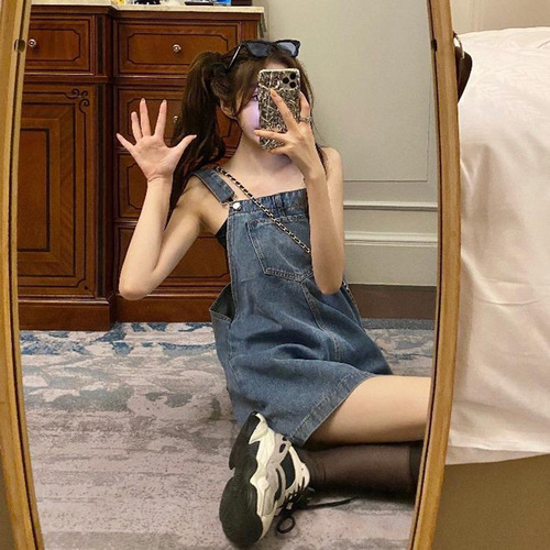 Denim Overalls Dress Women Spring Autumn Cute Japanese Style One-piece Dress Student Korean Version Loose Short Skirt
