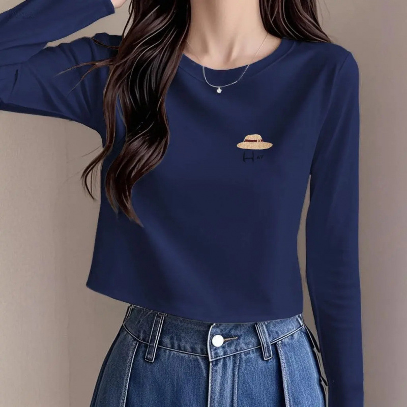 Pure cotton round-neck spring and autumn new casual design slim-fit trendy brand simple long-sleeve T-shirt for women, short outerwear top