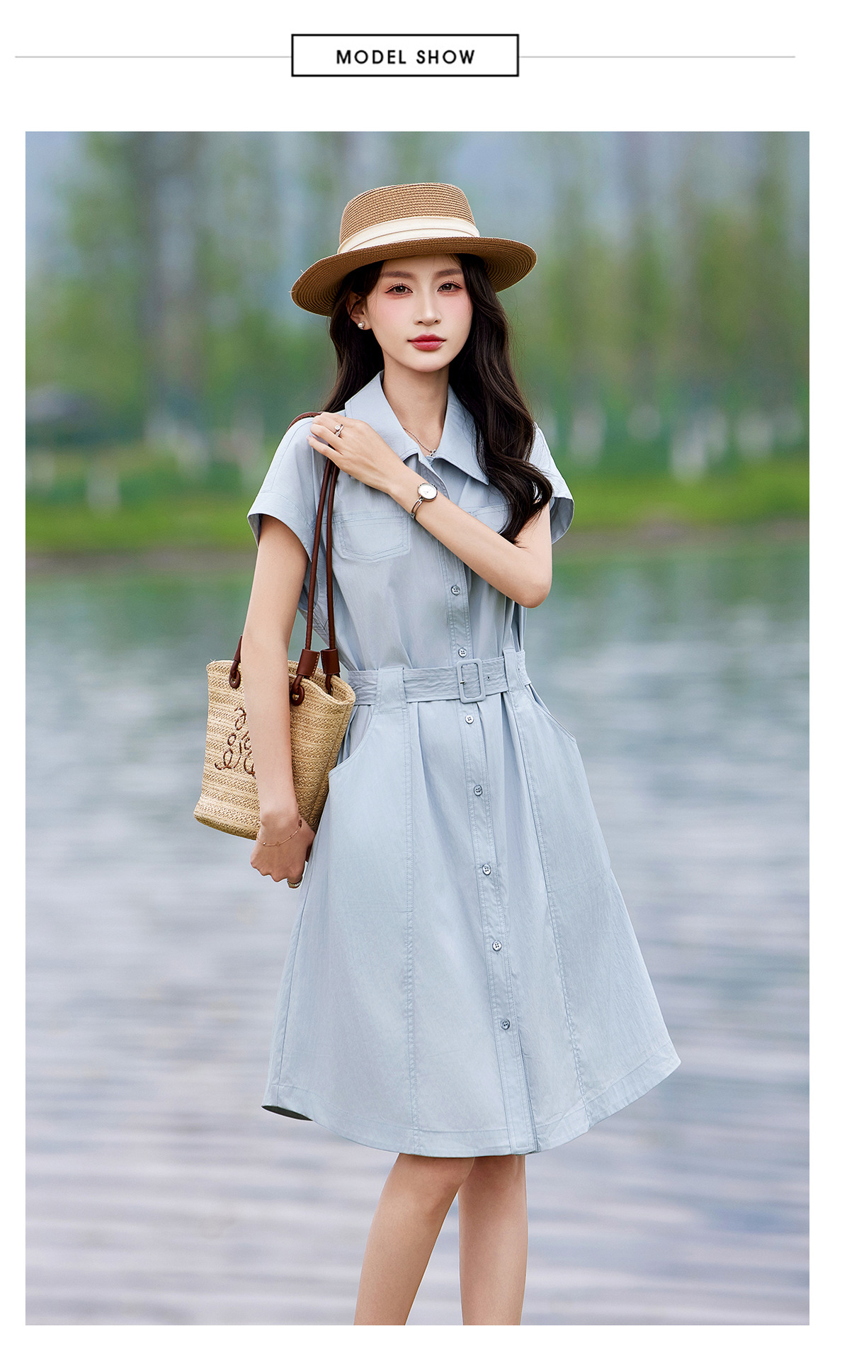Đầm polo nữ cổ bẻ thắt eo dáng suông midi mùa hè — màu xanh nhạt, màu trắng ngà chi tiết 13