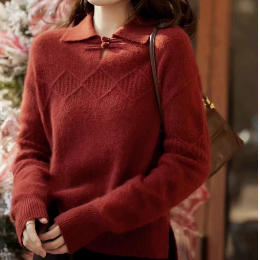 2024 новая внутренняя нижняя рубашка национальный ветер пуговица красный Polo воротник вязаный осенний зимний новый свитер женский
