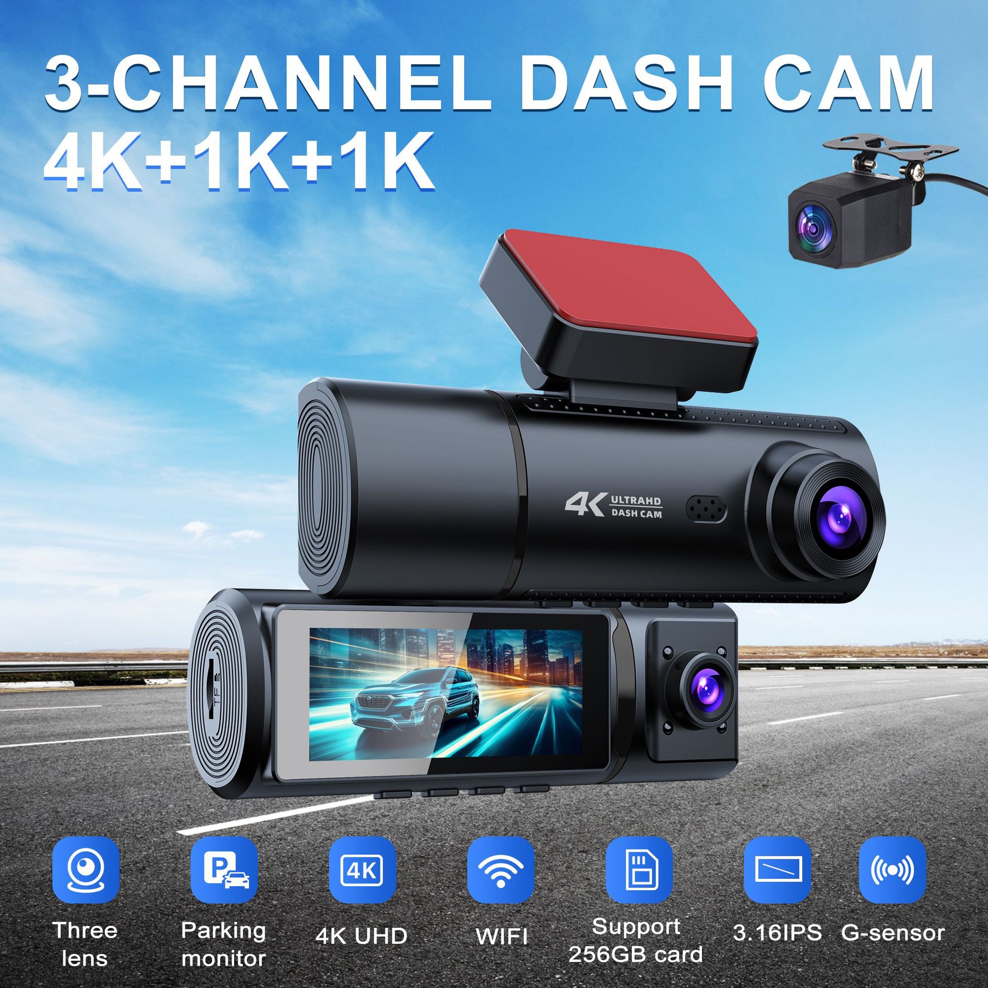 Night Vision Three-Lens 4K Wifi Connected Parking Monitoring Reversing Video Dash Cam 24-Hour Parking Monitoring