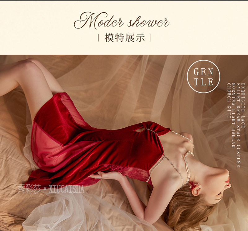 Red Velvet-Feel Sling Nightgown with Rhinestone Detail, One Size, Roleplay Lingerie — detail image 10