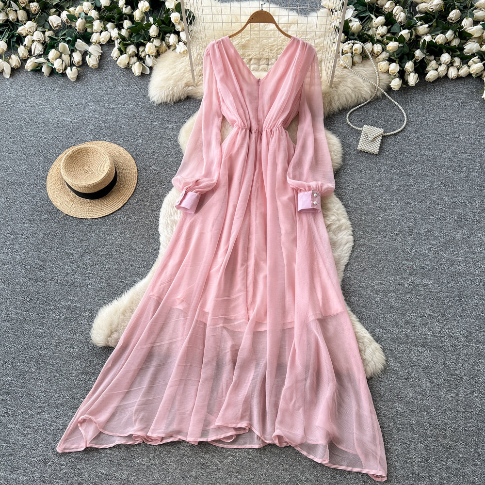 Elegant V Neck Dress Korean Style Rhinestone Embellished Waist Cinching Slimming Sophisticated Long Dress Lantern Sleeve_ecoleips.com