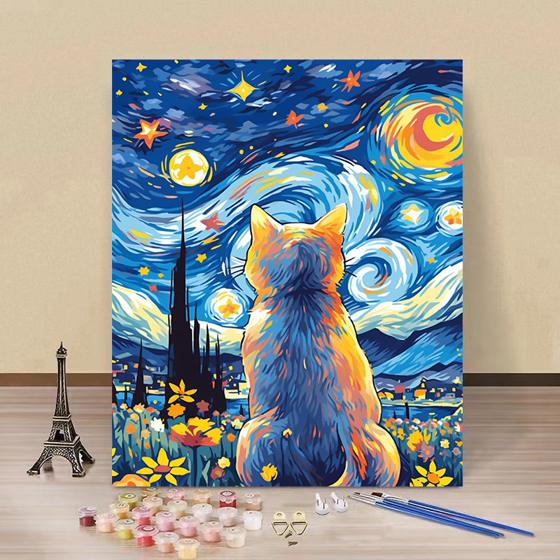 Pintura por números “Gato Estrellado” — arte DIY de fábrica al por mayor, estilo Van Gogh, flores y paisajes hechos a mano