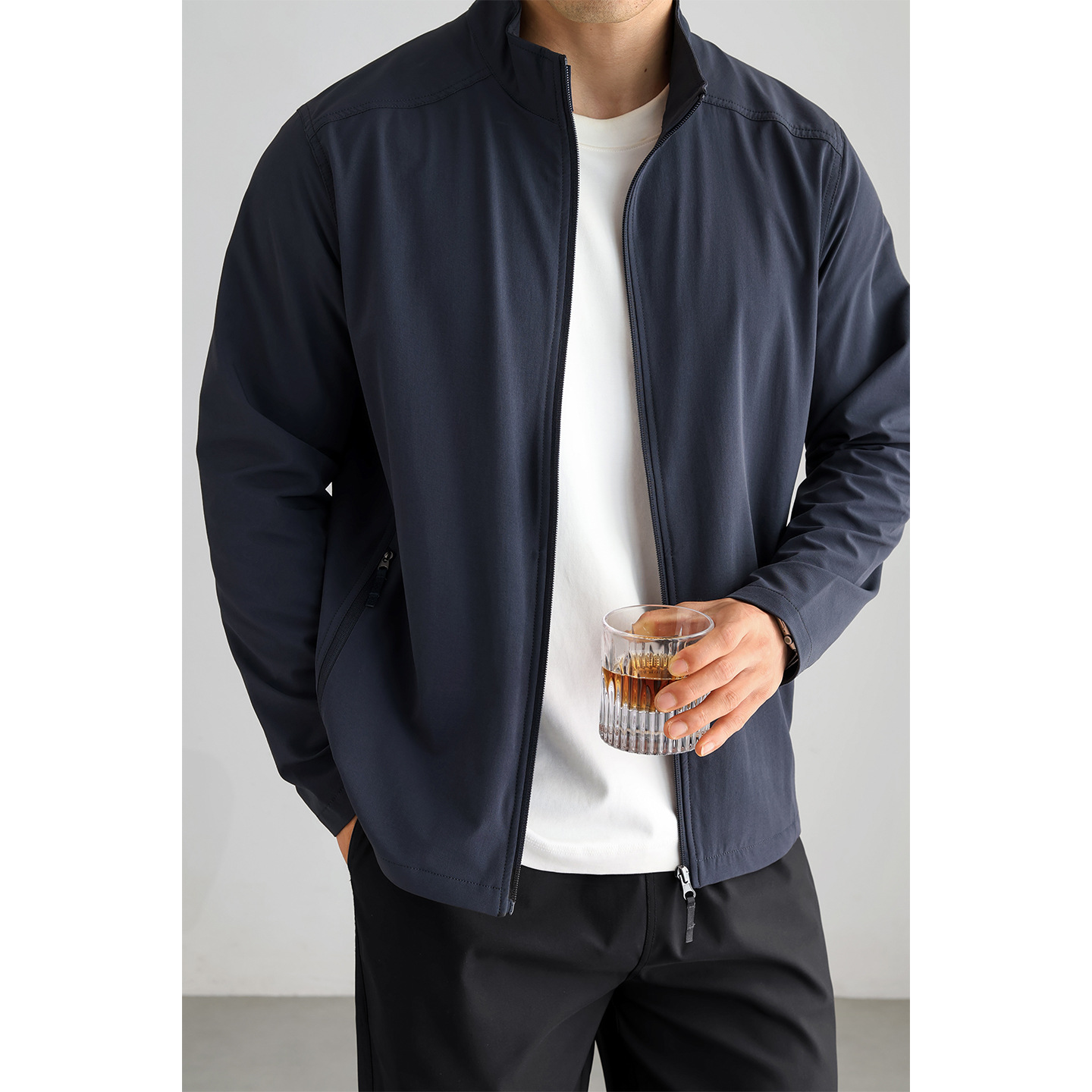 Cross-Border 2025 Spring and Summer Single-Layer Sun Protection Jacket Men's Stand-Up Collar Casual Work Clothing Elastic Lightweight Texture Black Jacket