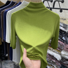 打底衫女秋季内搭修身中袖上衣洋气年新款轻熟风半高领针织衫
