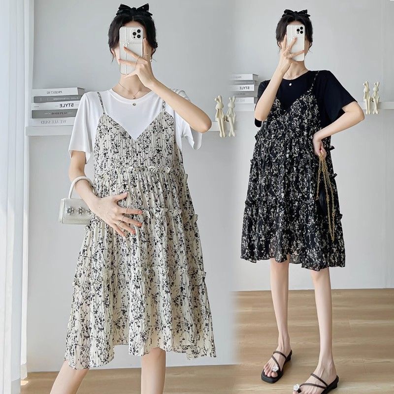 Pregnant women's summer fashionable stylish maternity dress with faux two-piece floral chiffon short sleeves belly cover maternity skirt