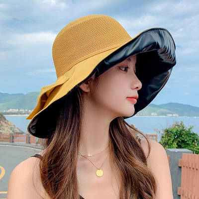 黑胶帽子女夏季遮阳防晒紫外线遮脸蝴蝶结渔夫帽时尚大帽檐太阳帽|ms