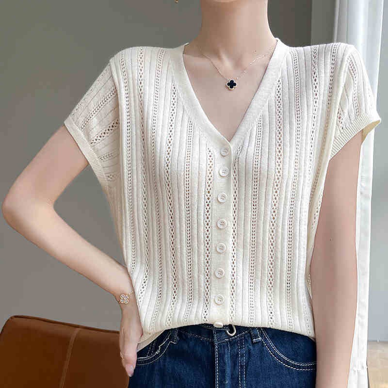 Niu 11509 Short-Sleeved V Neck Knitted Cardigan 2025 Summer Thin Cut Out Slim Top Foreign Style Versatile Casual T-Shirt Niu 11509 Short-Sleeved V Neck Knitted Cardigan 2025 Summer Thin Cut Out Slim Top Foreign Style Versatile Casual T-Shirt