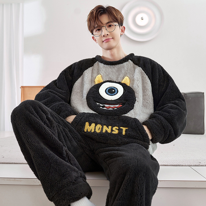 Pijamas de invierno de los hombres de coral de lana engrosada forrada de lana cálido desgaste del hogar traje de dibujos animados de franela Jersey de invierno de los hombres