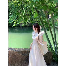 新中式肌理面料镂空盘扣短袖t恤套装春季女搭配白色长裙半身裙子