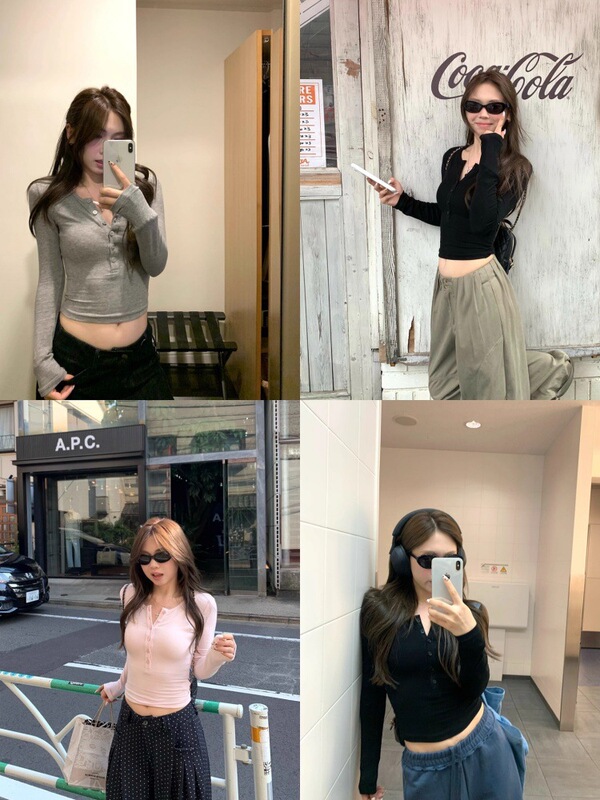 【260克人棉莫代尔】纯色简约纽扣修身显瘦圆领设计感百搭上衣潮|undefined