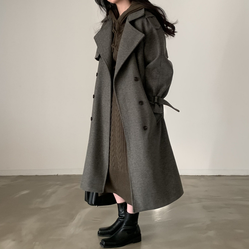 韩版chic秋冬复古高级感双排扣系带毛呢外套女加厚长款毛呢大衣