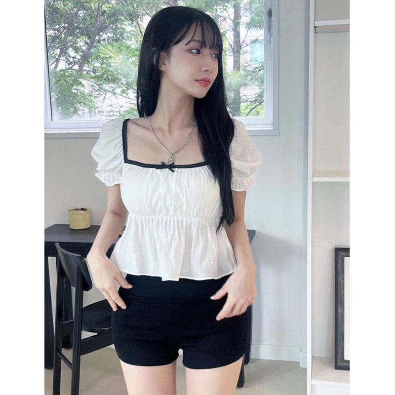 Korean-Style Pure Desire Style Square-Neck Puff-Sleeve Short Top with Lace Trim and Bow Tie, Waist-Cinching Slim-Fit Blouse Korean-Style Pure Desire Style Square-Neck Puff-Sleeve Short Top with Lace Trim and Bow Tie, Waist-Cinching Slim-Fit Blouse