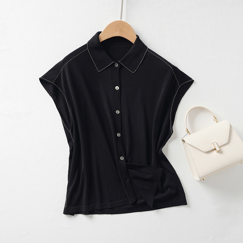 Bc Bead Chain Tencel Lapel Sleeveless Knitted Cardigan Women's Summer Thin Relaxed Feeling Loose Small Flying Sleeve French Top