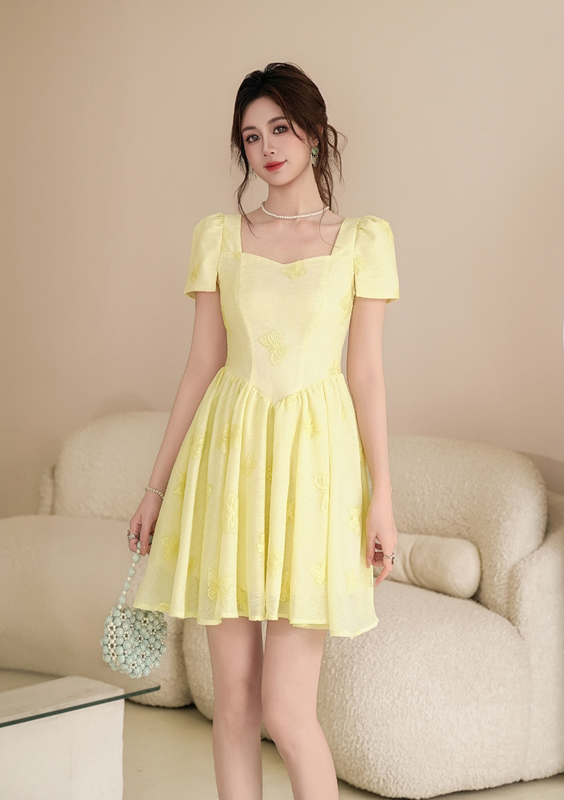 Váy nữ cổ vuông thêu bướm tay ngắn eo thắt mùa hè phong cách Pháp — màu vàng chi tiết 7