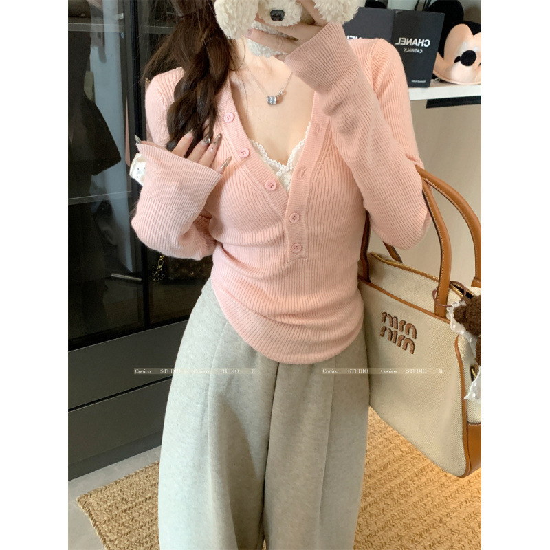 纽扣锁骨衫心机设计V领修身弹力显瘦纽扣针织上衣女装毛织衫工厂|undefined