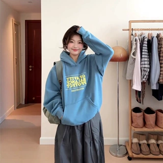 大码胖mm美式复古字母印花连帽卫衣女秋季蓝色宽松慵懒风百搭上衣