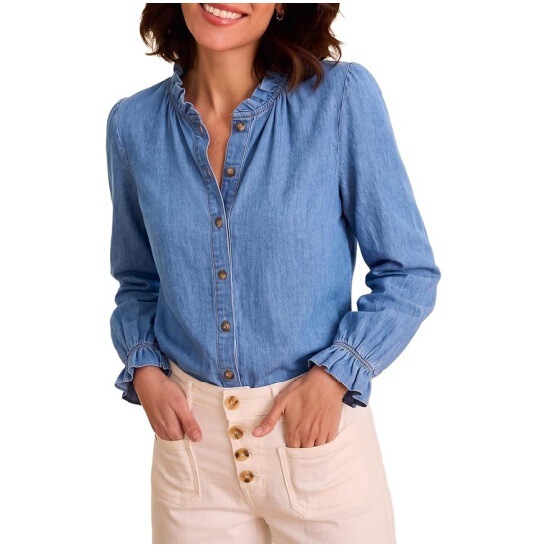 Amazon Cross-Border 2026 Autumn Women's Ruffled Collar Denim Shirt with Ruffled Cuffs, Loose Long-Sleeve Blouse