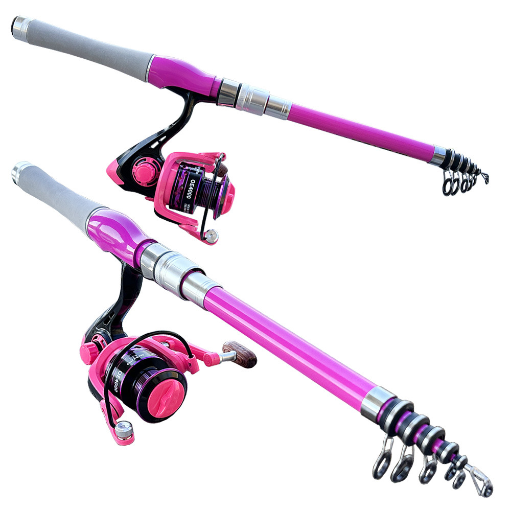 Pink telescopic lure rod + OE pink convenient telescopic rod, ultra-light carbon material fishing rod set wholesale
