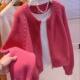 2024 Autumn New Korean High-end Sense Double Zipper Pink Sweater Jacket Women's Short Round Neck Knitted Cardigan