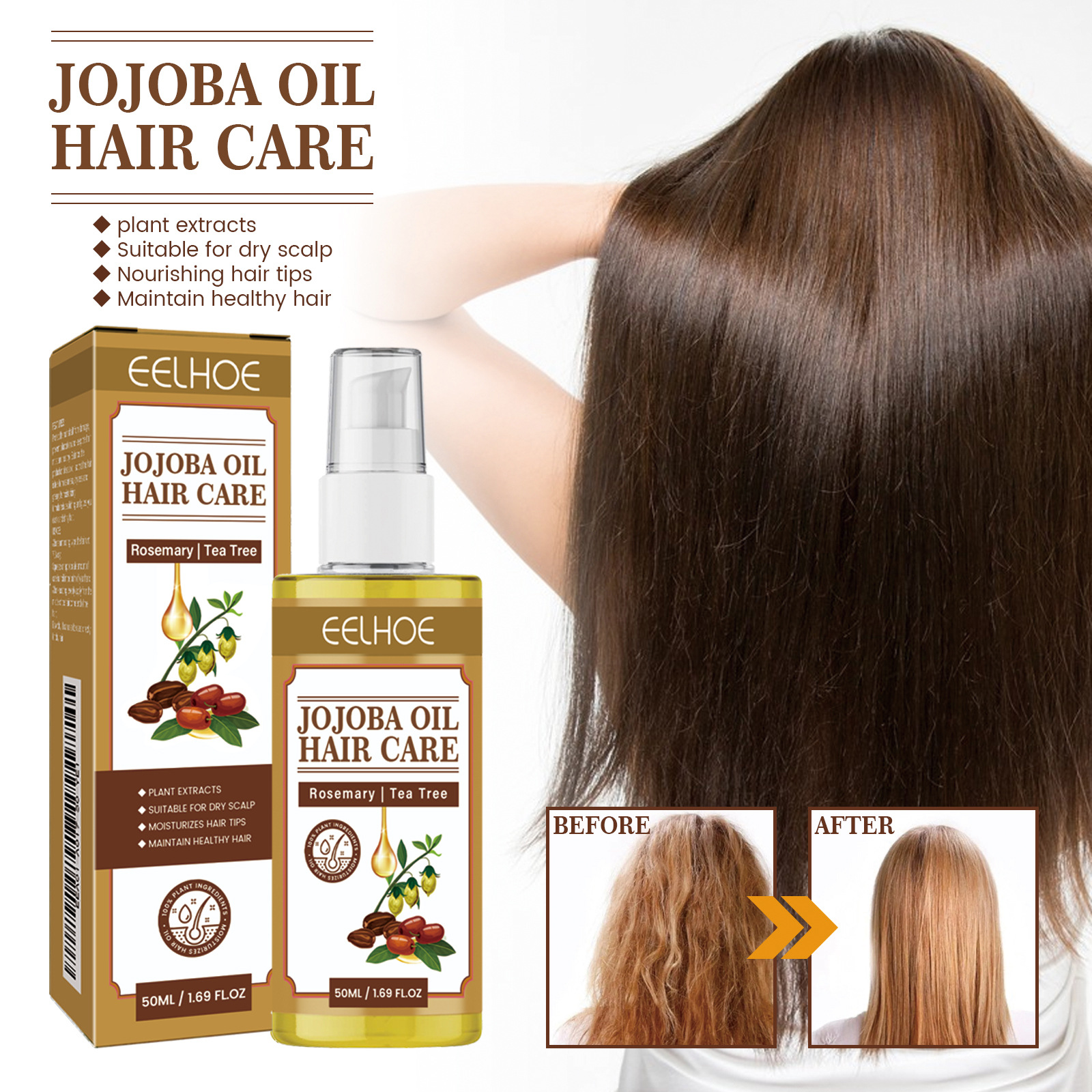 EELHOE jojoba juuksehooldusõli silub kuivi ja kahuseid juukseid, tugevdab juukseid, masseerib peanahka ja hooldab juukseid._voghion.com
