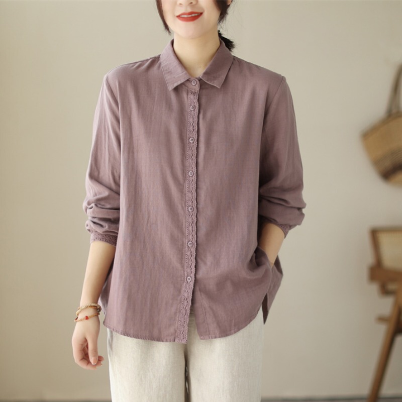 Cotton and linen shirt women's summer new lace stitching long-sleeved shirt loose slimming simple artistic shirt Women