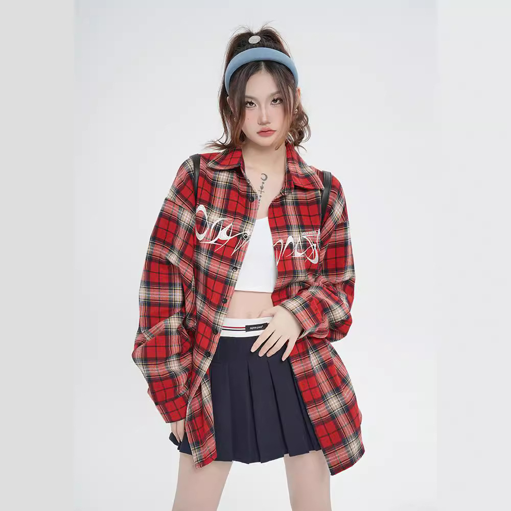 Demi-season retro red shirt, trend long-sleeve, American style