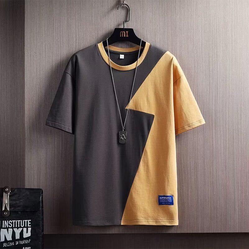 Camisa menos ropa costura de color de contraste camiseta de manga corta verano para hombres nueva tendencia de moda suelta chaqueta casual de manga de cinco puntos