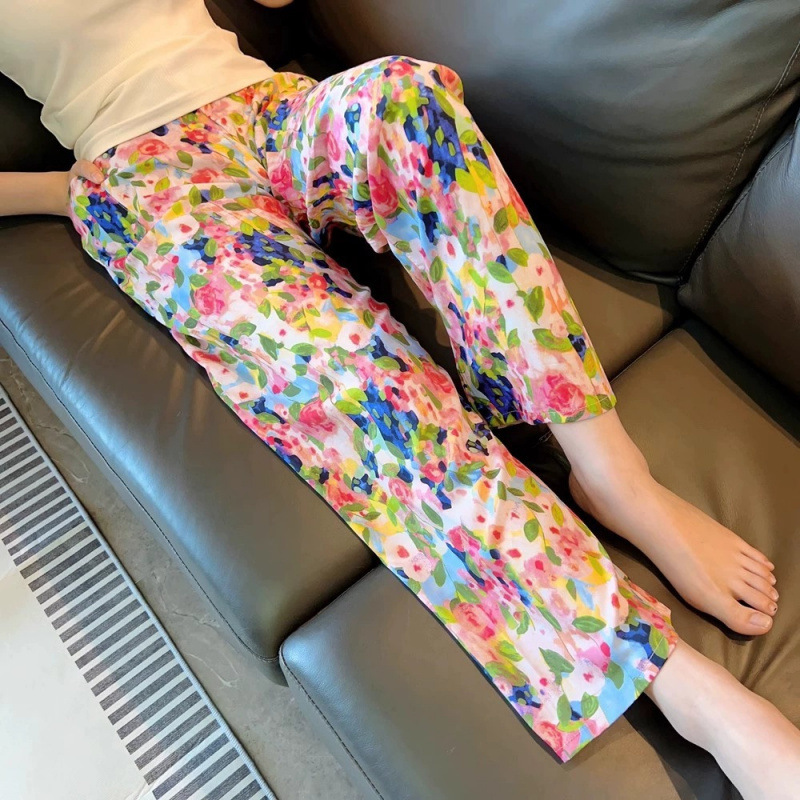 棉绸睡裤女士夏季薄款大码人造绵绸可外穿家居碎花长裤子直筒宽松|undefined