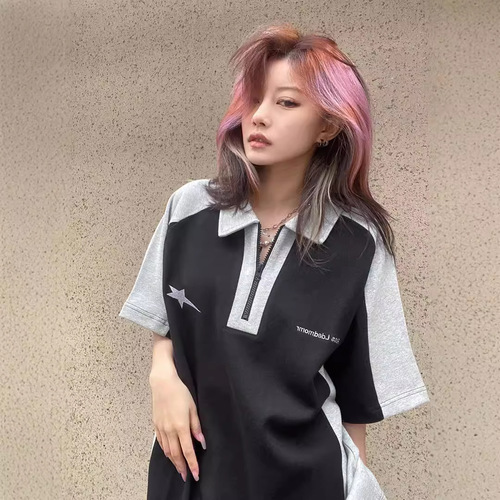 American splicing short-sleeved T-shirt women's summer retro high street contrast preppy style oversize loose couple's top