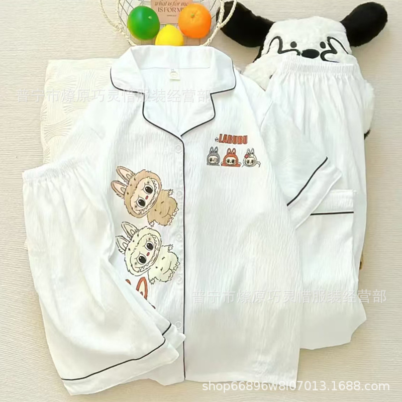 Hermosos pijamas de tela de rabu mujeres primavera y otoño verano nubes de algodón dulce mangas cortas pantalones cortos de tres piezas ropa para el hogar