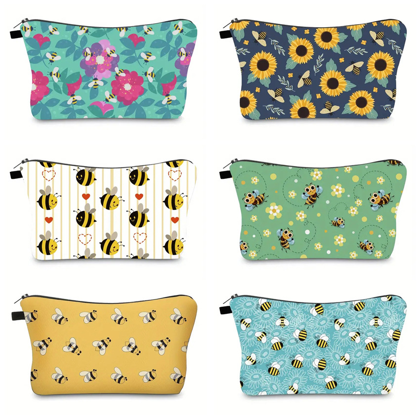 Transfronterizos Amazon damas bolsas de maquillaje encantadoras creativas bolsas de maquillaje de día de abejas bolsas de almacenamiento de lino bolsa de cremallera impermeable