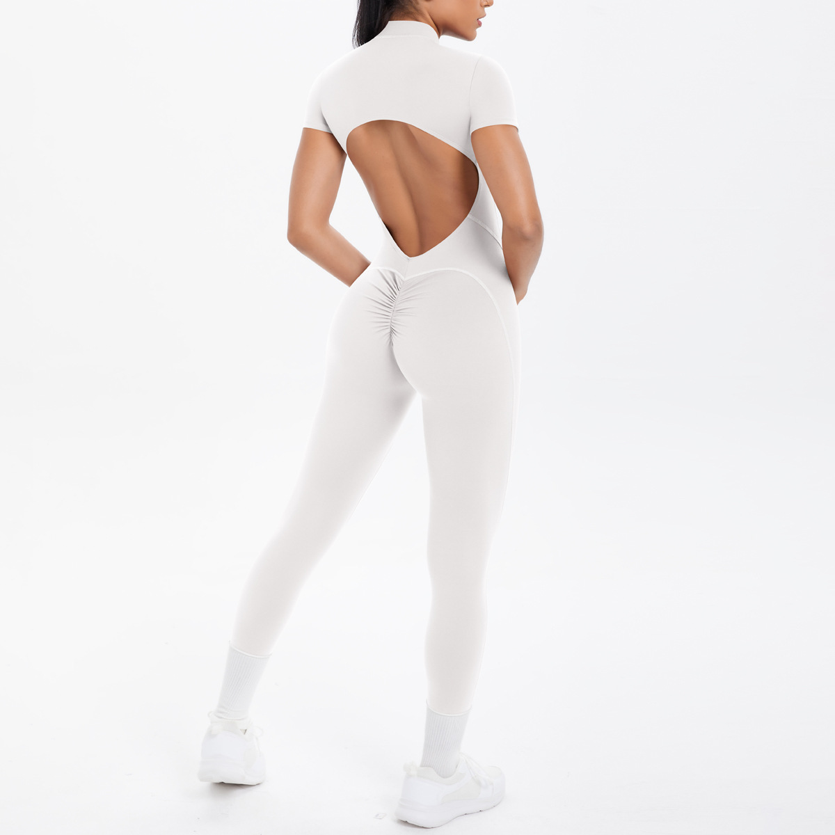 New Tight-Fitting Beautiful Back Hollow Out Short-Sleeved Long Pants Jumpsuit Sports Running Fitness One-Piece Yoga Suit_voghion.com