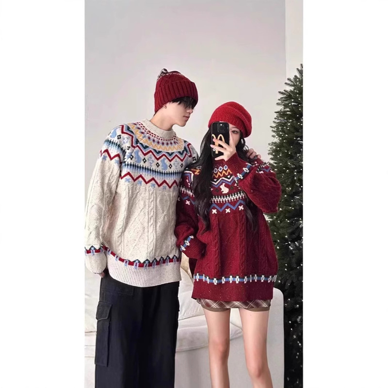 New Year Sweater Fell Island Red Festival Atmosphere Knitwear Couple Casual oversize Sweater for Men