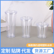新款简约透明塑料水杯创意双层塑料杯户外运动带吸管随行水杯批发