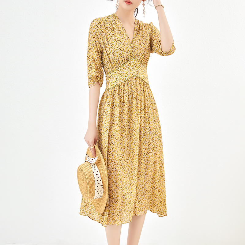 Váy lụa maxi nữ thắt eo mùa hè — 2309202 - Vàng