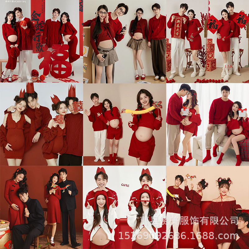 New Pregnant Women Photography Clothing Pregnant Mommy Fashion Art Photo Couple Theme Red Sweater suit Photography Clothing