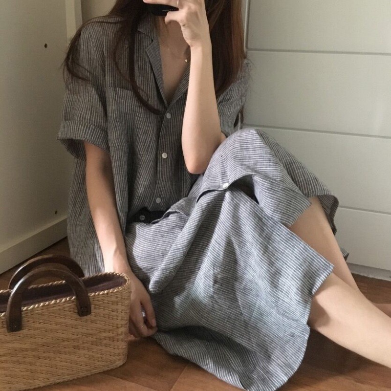 韩国chic风翻领条纹宽松中长款短袖衬衫连衣裙女
