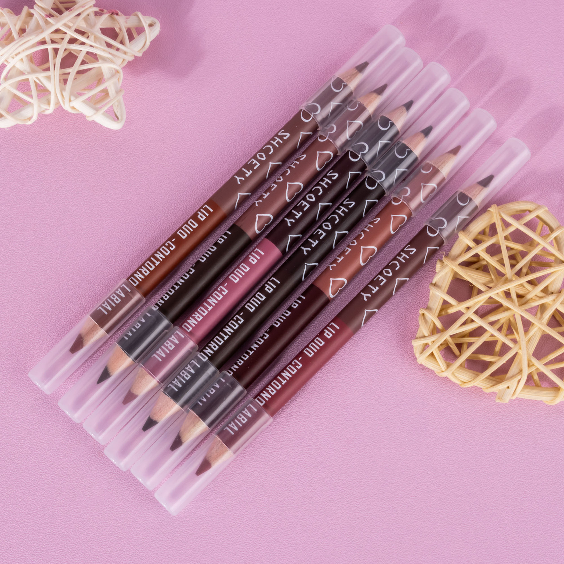 SHCOETY Cross-border double-headed dual-color wooden lip liner pen matte, long-lasting, easy to color, non-stick to cups, outlining pen makeup undefined