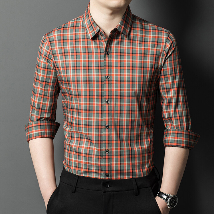 新款中年男士商务休闲长袖格子衬衫春秋季简约翻领时尚男装薄衬衣