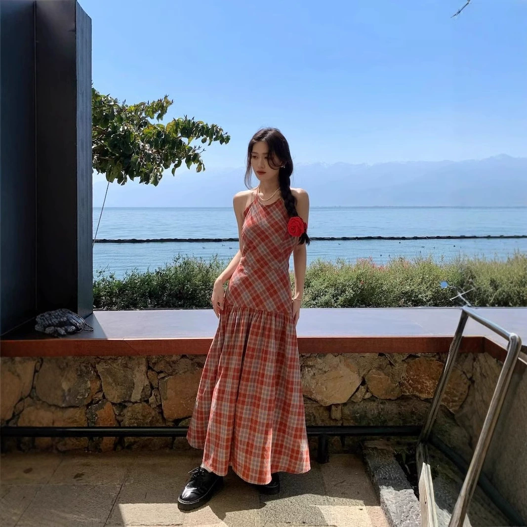 Красное клетчатое платье нишевый подтяжка юбка женская летняя юбка с ремешком на спине