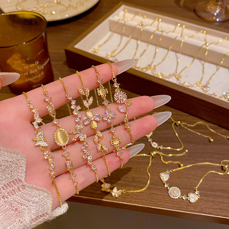 韩版轻奢铜镶锆石手链女高级感百搭椭圆猫眼石手环气质时尚手饰品